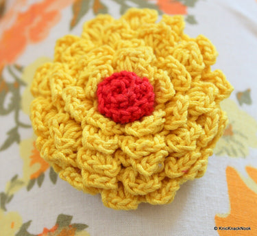 Yellow and Red Crochet Flower Applique x 1